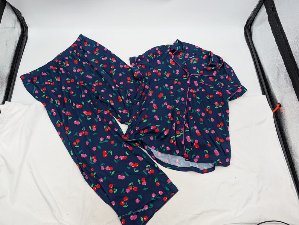 NWT Kate Spade Cherries Print Indigo Soft Knit Pants Pajama Set Size Medium